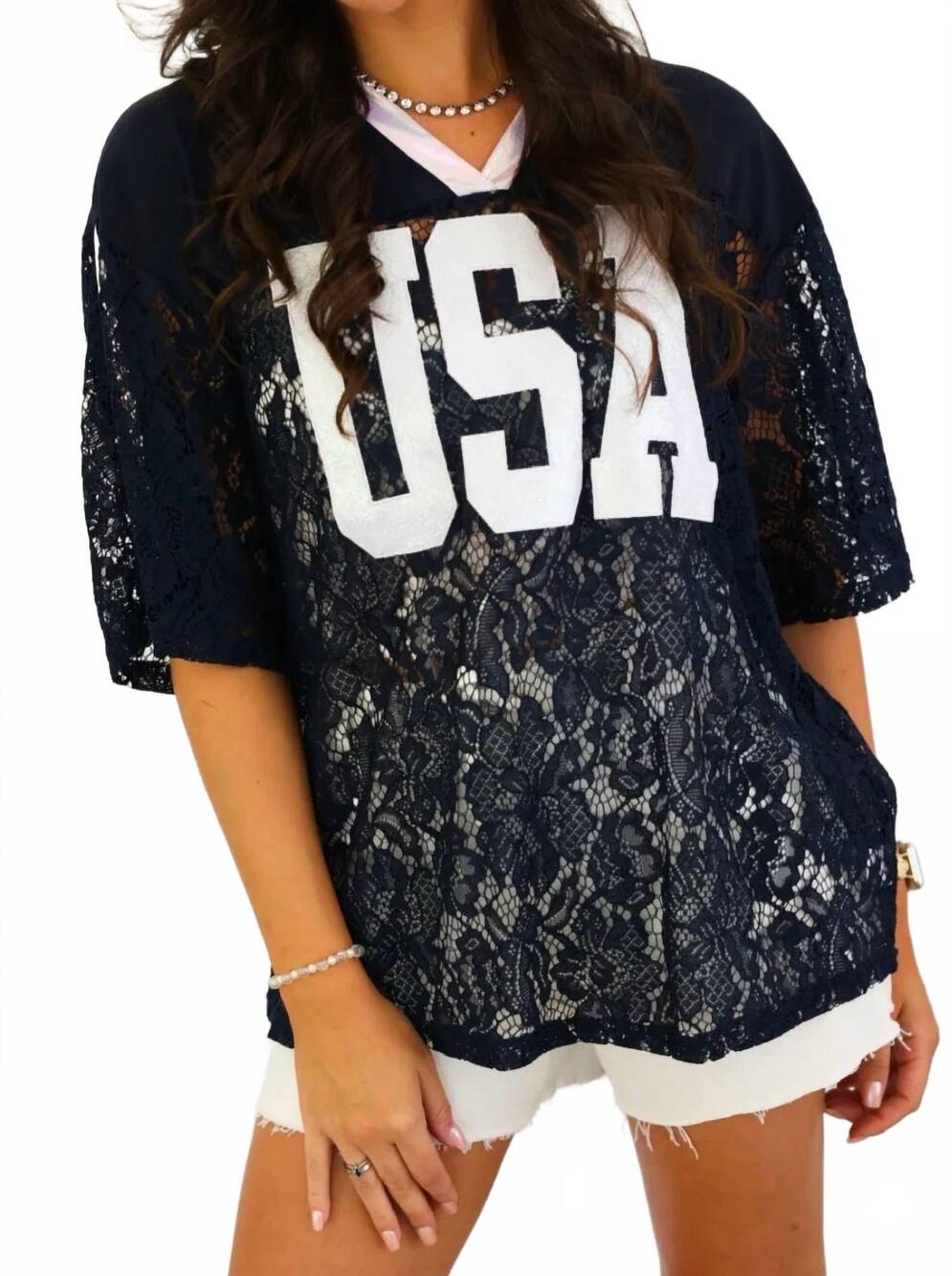 NEW SOUTHERN GRACE lace usa jersey tee in navy